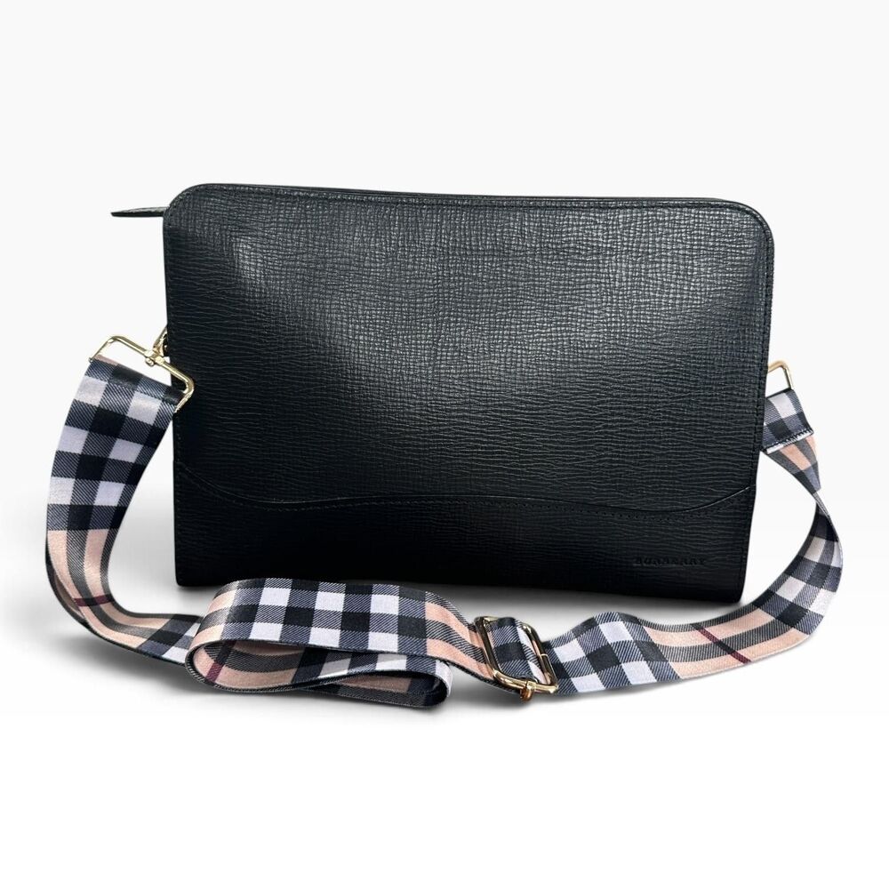 Burberry Vintage Clutch Bag Medium Black Leather Check Canvas Strap Hardware